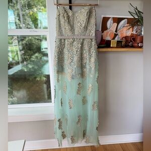 Crystal Doll Sea Green Gold Sheer Mesh Strapless Dress with Shorts Sz 9